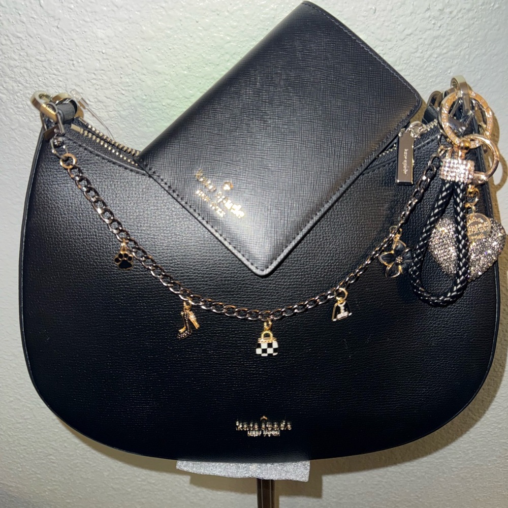 🔥Brand New Kate Spade ♠️ Black Leather Grain Shoulder Bag/Crossbody Bundle Set